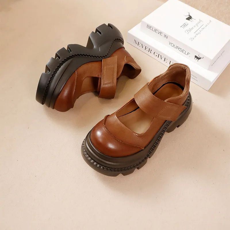 Vintage Style Cowhide 52mm Chunky Heel Platform Mary Jane Shoes in Black/Light Brown